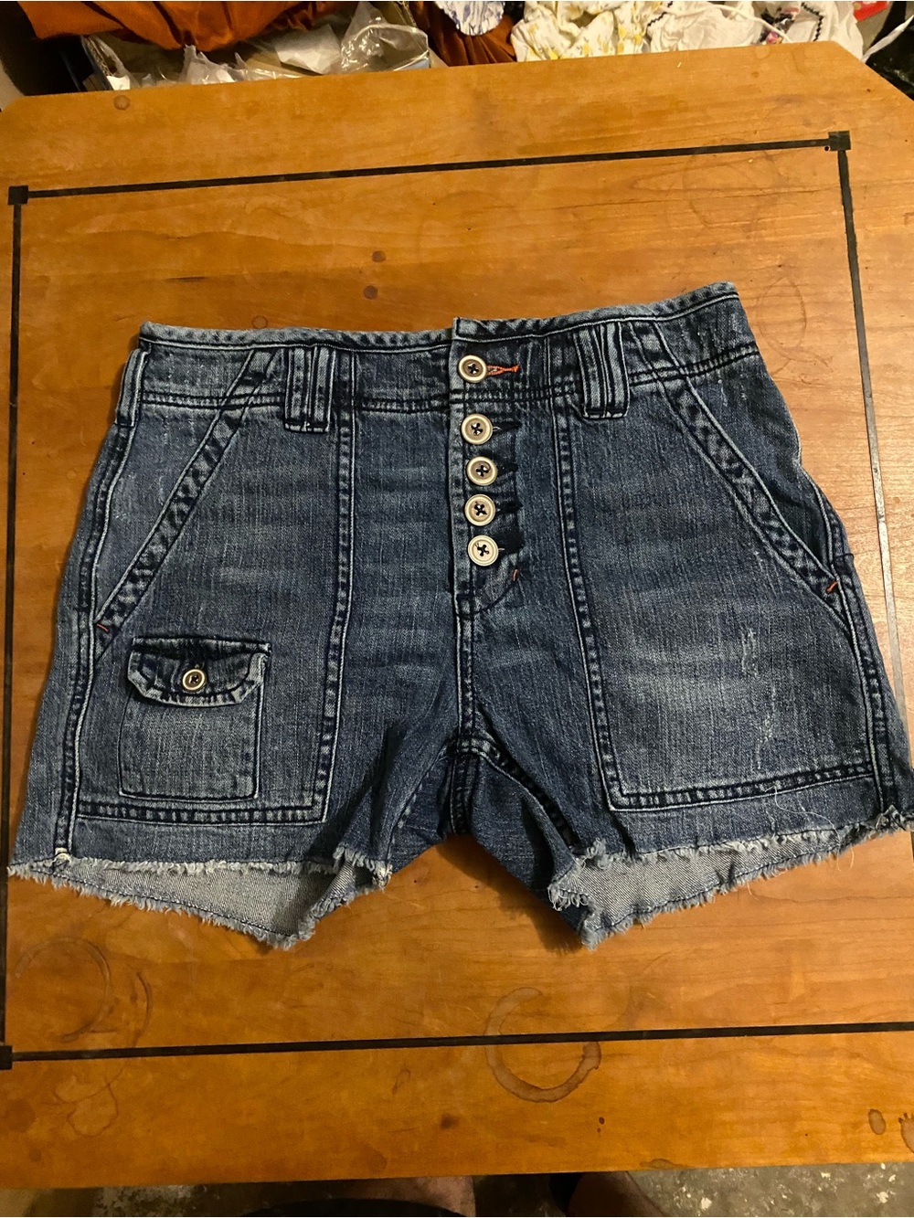 Anthropology High Rise Button Front Denim Shorts Dark Blue